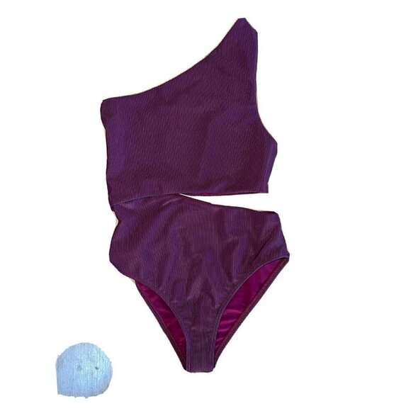 Beach Riot One Piece Swimsuit One Shoulder Side Celine Ribbed Wine Color XS (D1 - Picture 2 of 12
